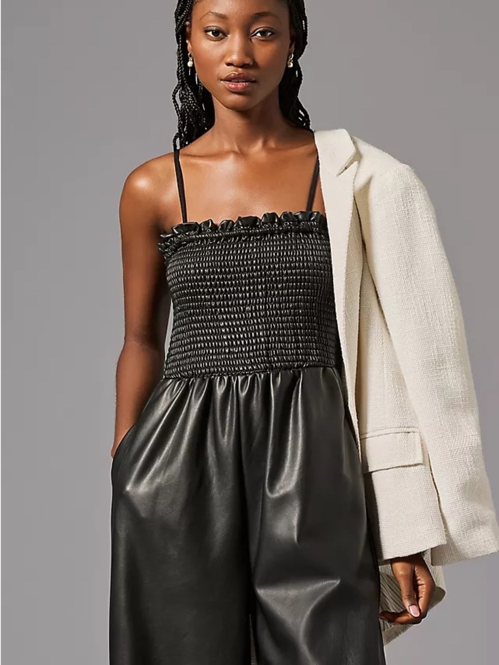 Anthropologie Black Smocked Faux-Leather Wide-Leg Jumpsuit